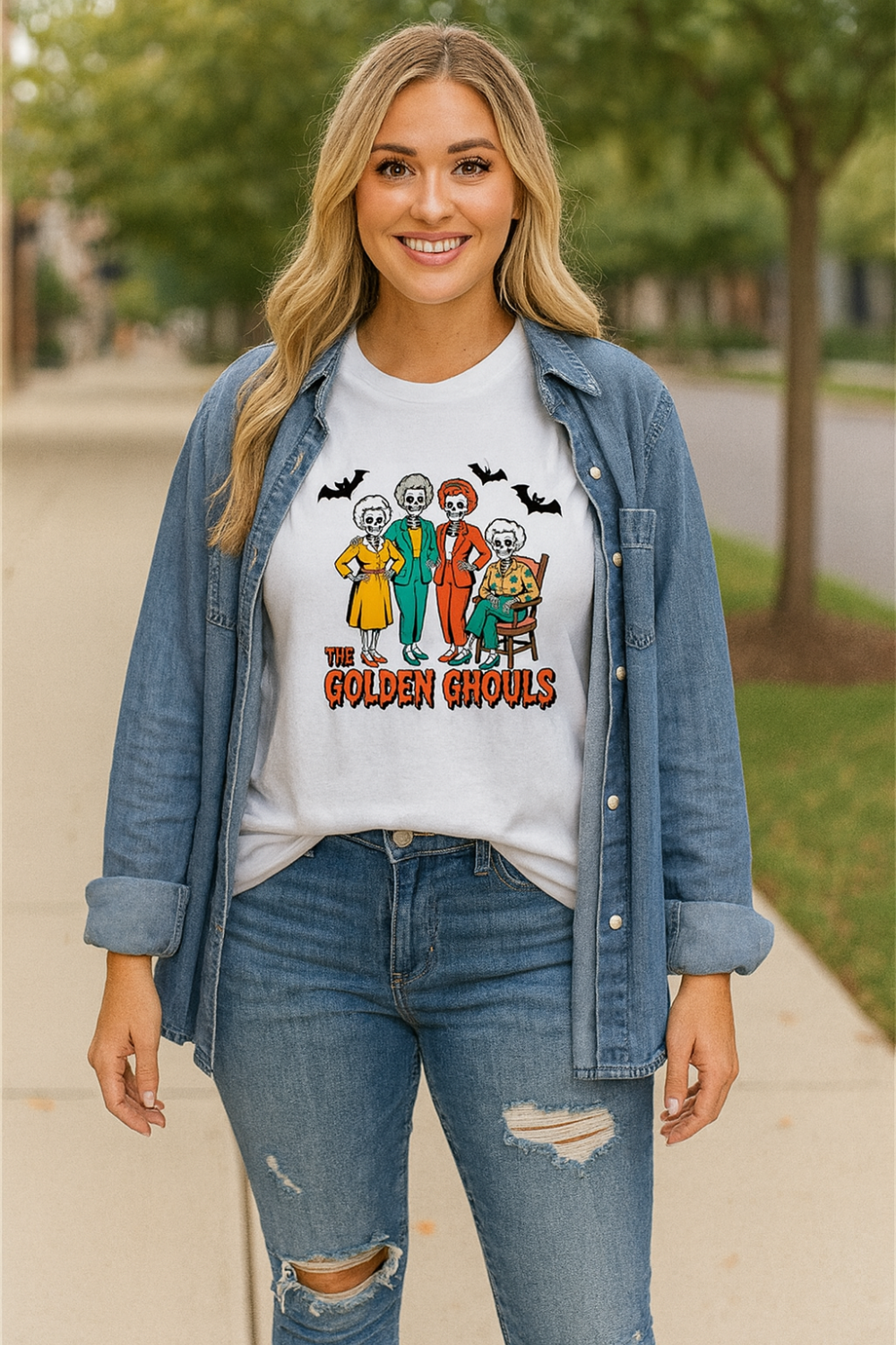 Graphic t-shirt, pullover, round neck, short sleeve, drop shoulder, long, slightly stretchy, front view