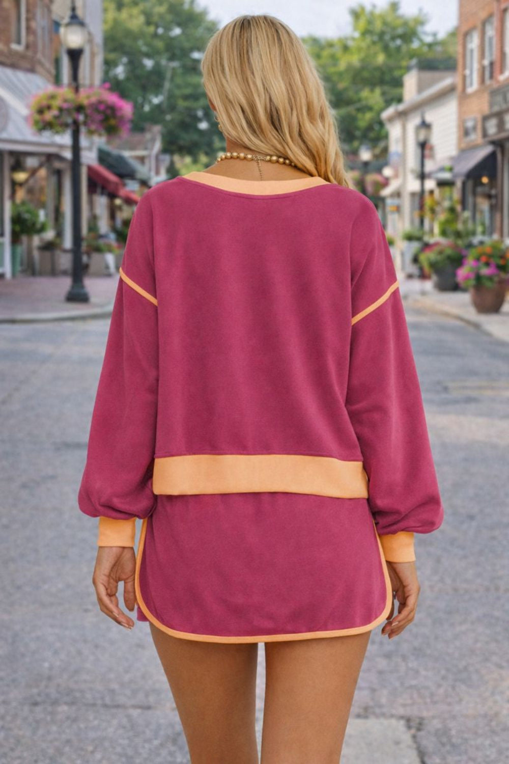 two-piece skort set, contrast trim, long sleeve, round neck, drop shoulder, ribbed, elastic waist, drawstring, pockets, slightly stretchy, back view