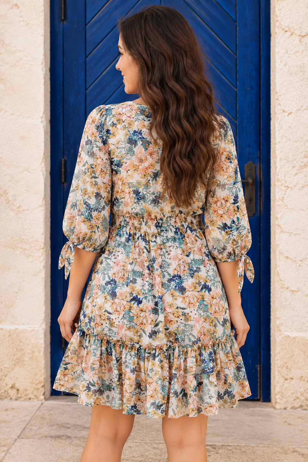 Ever Changing Mini Dress in ivory with multicolor florals, a V-neckline, smocked waist, three-quarter sleeves, and ruffled hem back view.