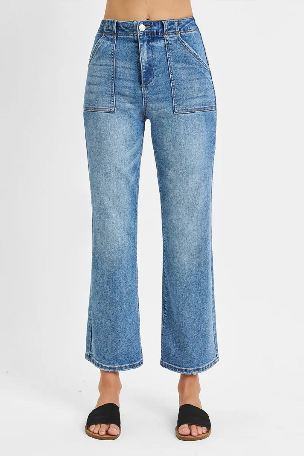 Risen Jeans, full-size, high-rise, cropped, bootcut, 5-pocket styling, vintage blue wash, front pocket detailing, stretchy, front view