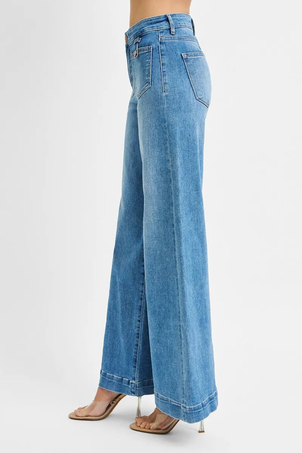Risen Jeans, full-size, mid-rise, wide leg, patch pocket, medium vintage wash, button/zipper closure, slightly stretchy side view