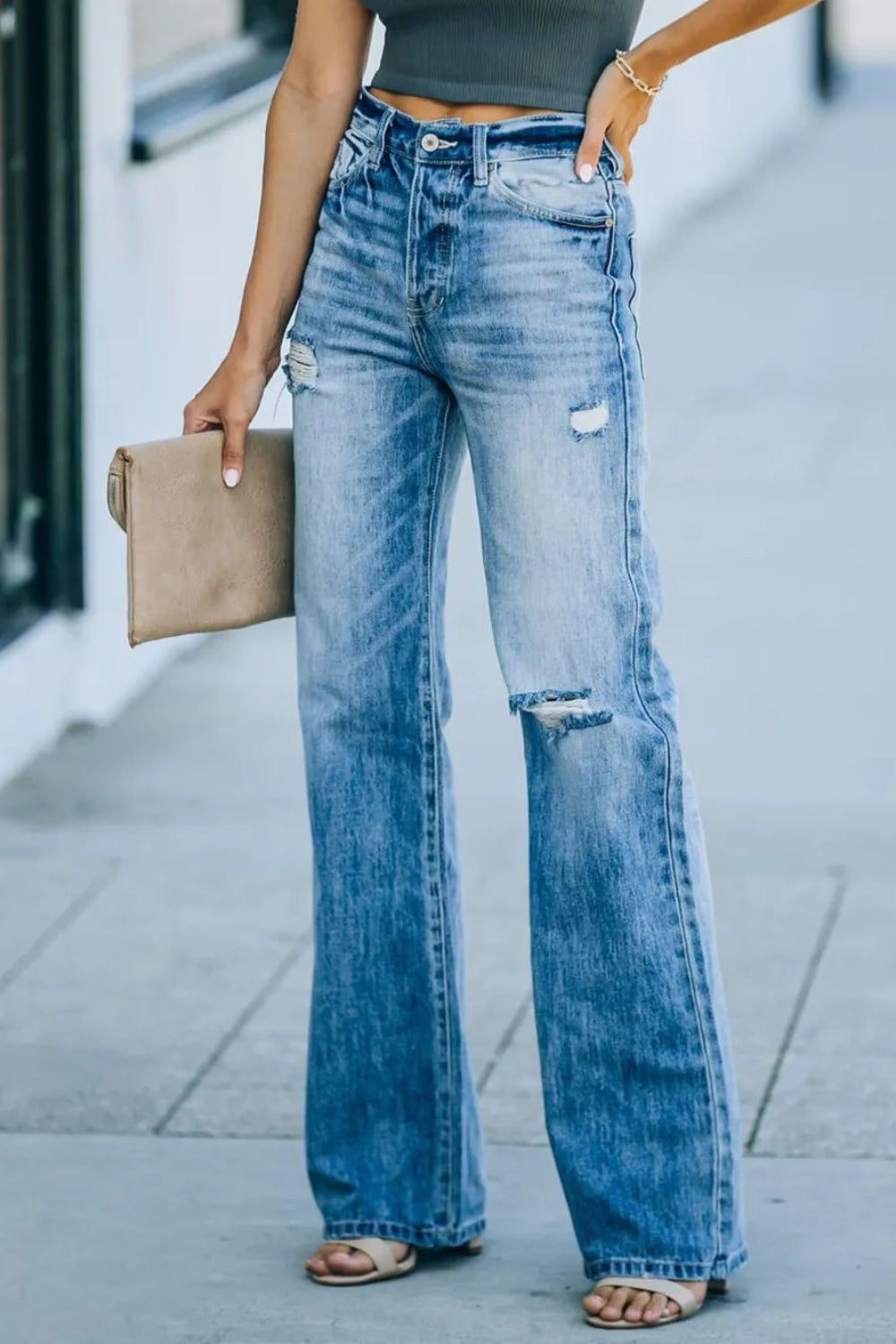 Jeans, high-waist, straight leg, 5 pocket design, vintage medium wash, distressed, button/zipper closure, belt loops, slightly stretchy, front view