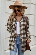 Shirt, long sleeve, drop shoulder, collared, buttoned, front leopard print pocket, plaid print, leopard trim, opaque, oversized, no stretch, front view