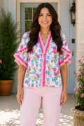 * V-neck
* Ruffled short sleeve
* Contrast trim
* Ruffled
* Textured
* No stretch