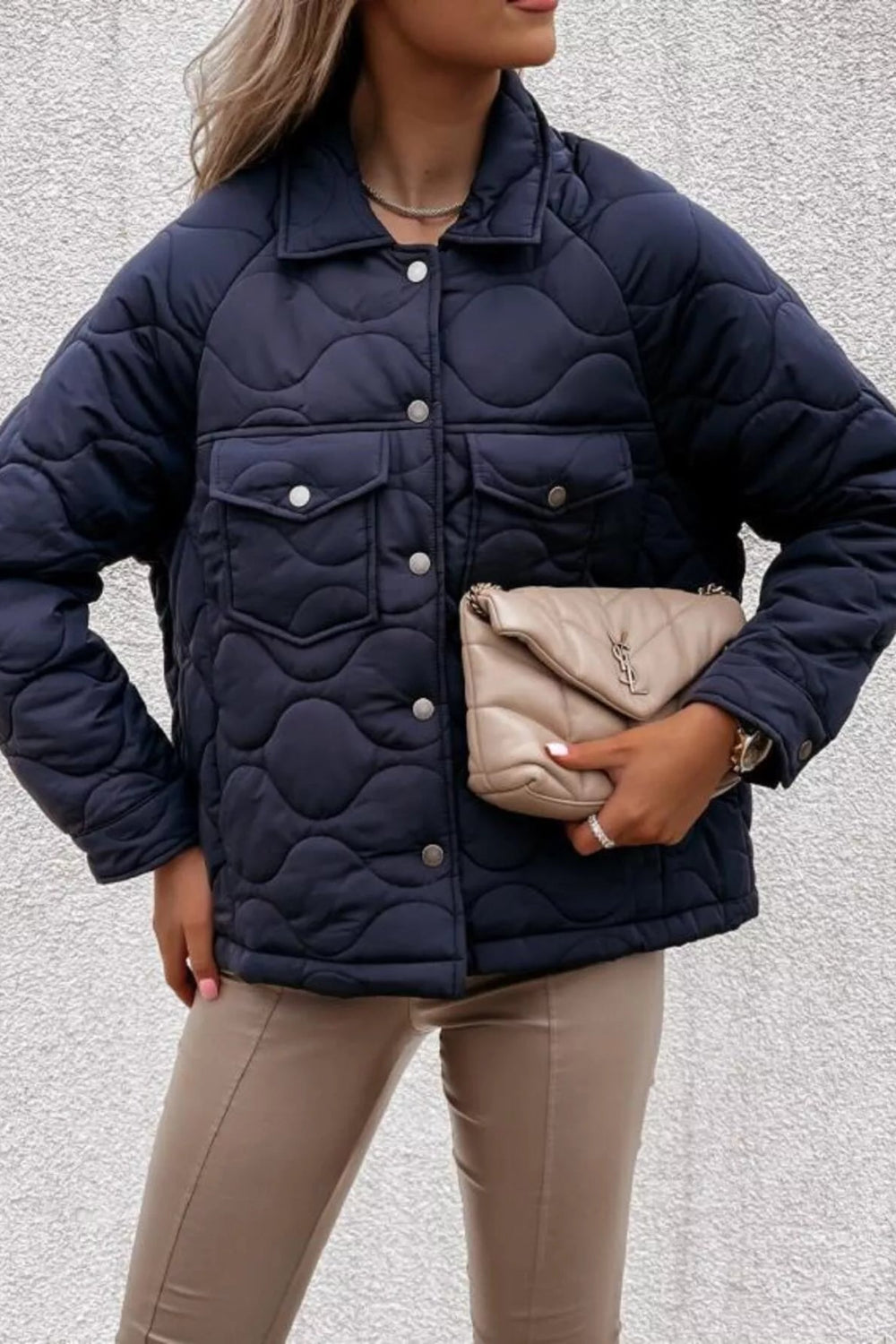 Jacket, quilted, snap-down, pocketed, collared, lined, long sleeve, snap cuffs, no stretch, front view