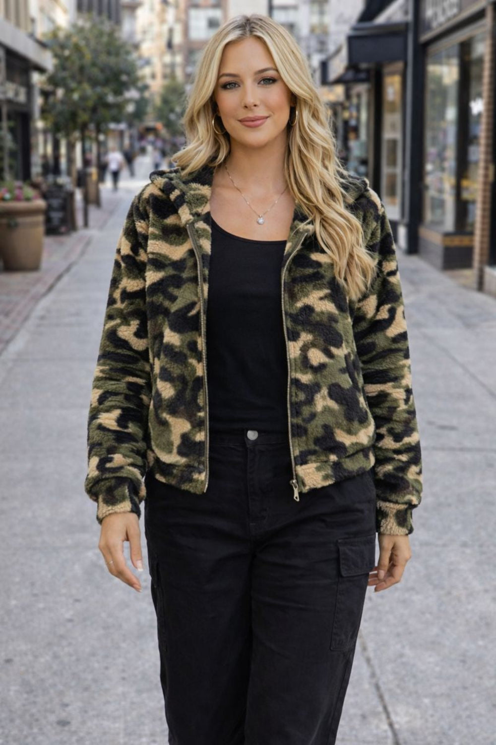 Jacket, hooded, fuzzy, camouflage, lightweight, zipper closure, elastic hem, pocketed, no stretch, front view
