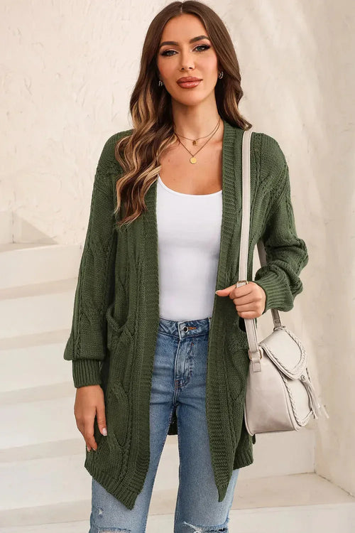 Cardigan, long sleeve, drop shoulder, open front, cable-knit, side slit, openwork, no buttons, pocketed, stretchy front view
