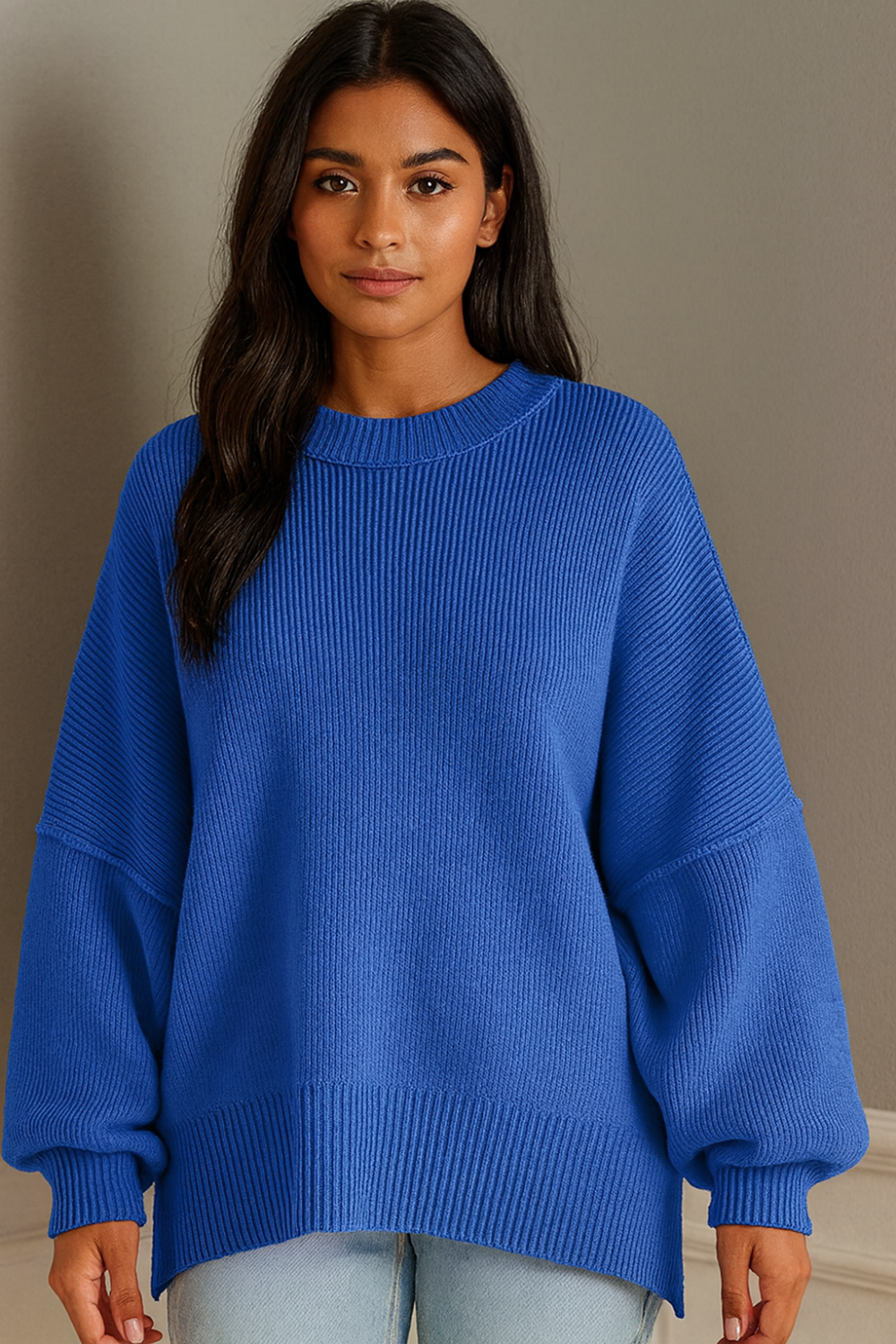 Sweater, oversized, drop shoulder, round neck, exposed seam, long, side slit, ribbed, stretchy front view

