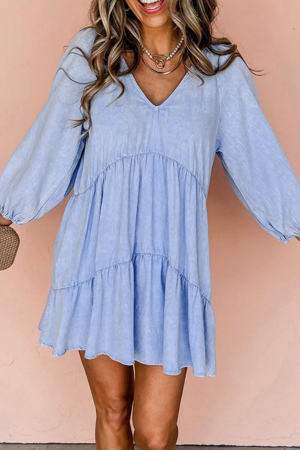 Mini dress, denim, 3/4 sleeve, v-neck, light wash, tiered, pleated, elastic wrist, no stretch, front view