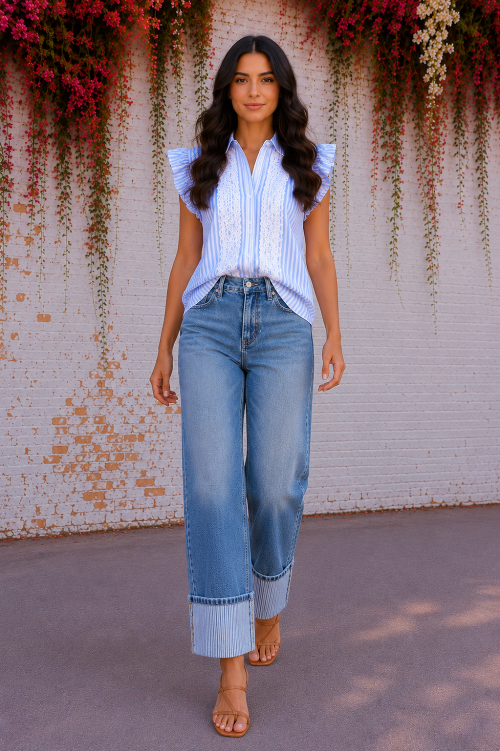 * Light wash
* Straight leg
* High-rise
* Cuffed
* Stripe detailing
* Loose fit
* Button/zipper closure
* Pocketed
* Belt loops
* Slightly stretchy