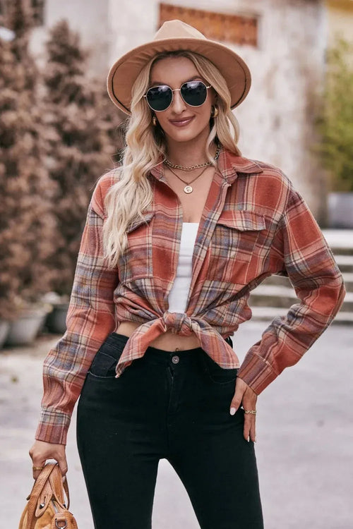 Long sleeve shirt, plaid, collared, pocketed, buttoned, oversized, drop shoulder, no stretch, many colors, front view