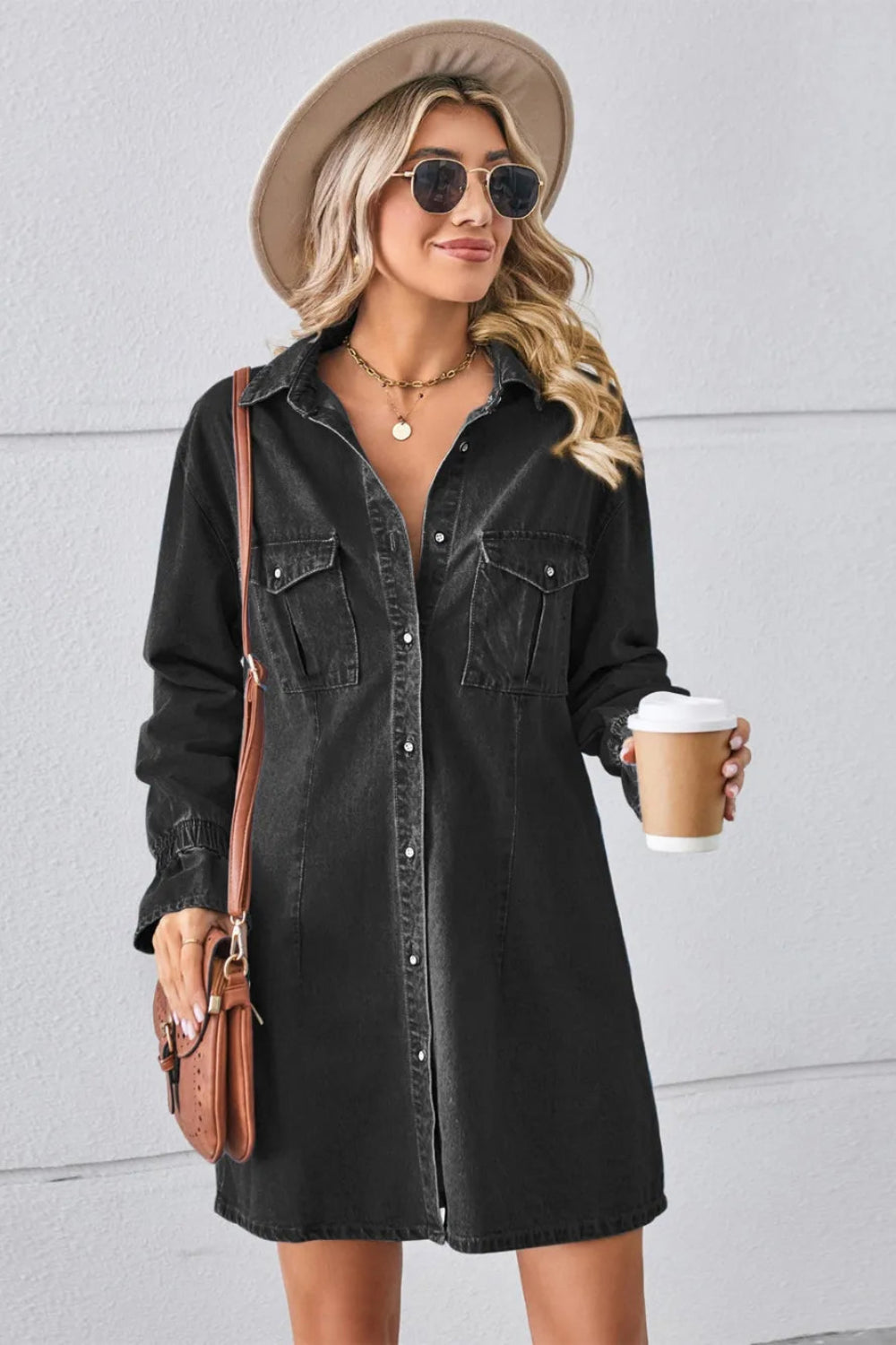 Shirt dress, mini, denim, drop shoulder, long sleeve, elastic ruffled cuffs, collared, front patch pockets, back pleat, no stretch, front view
