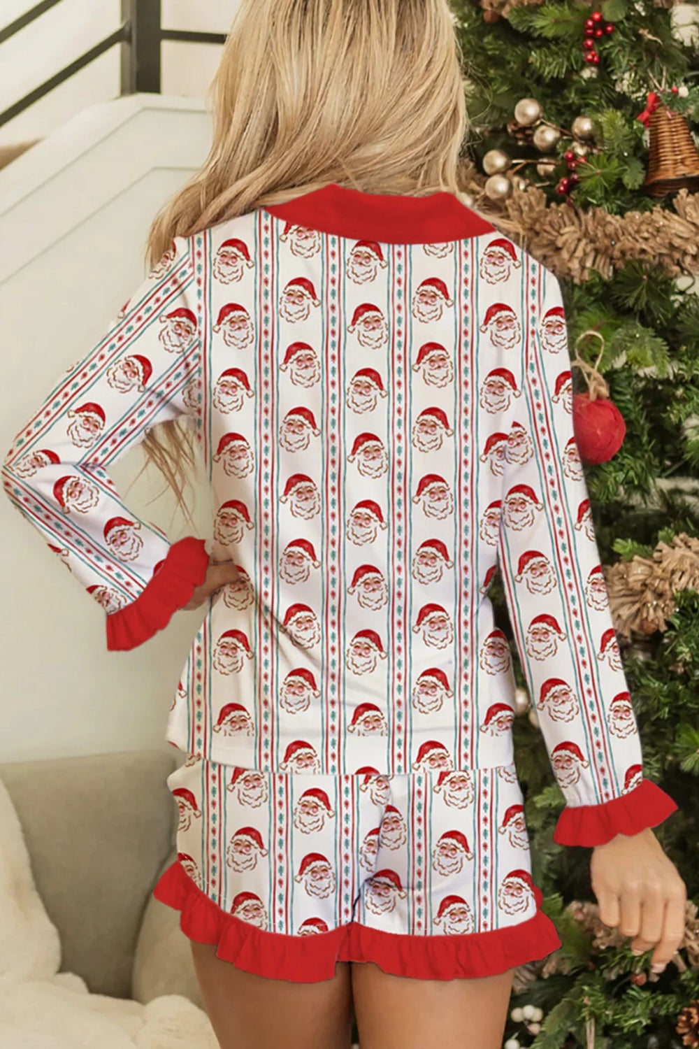 Two-piece short pajama set, long sleeve, collared, buttoned, front patch pocket, drawstring, elastic waist, ruffled, red trim, back view