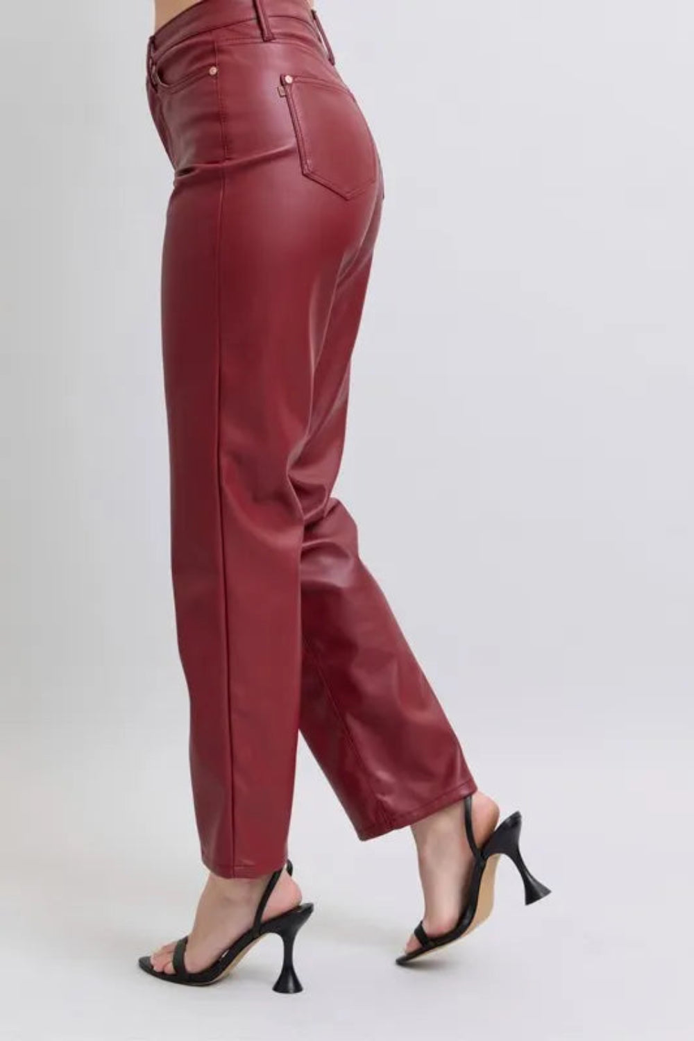 Judy Blue Pants, full-size, high-rise, tummy control, faux leather, straight leg, pocketed, brad detail, some stretch side view