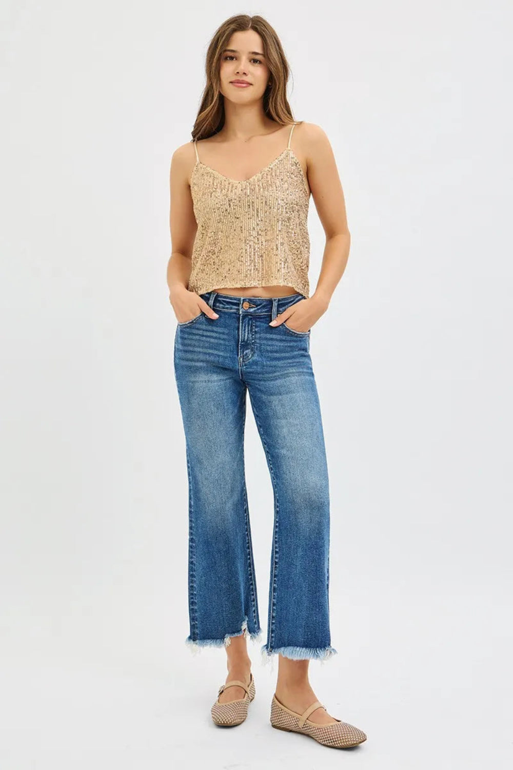 Risen Jeans, full size, mid rise, cropped, wide leg, 5-pocket styling, secure button and zipper closure, distressed hem, medium vintage wash, stretchy, front view