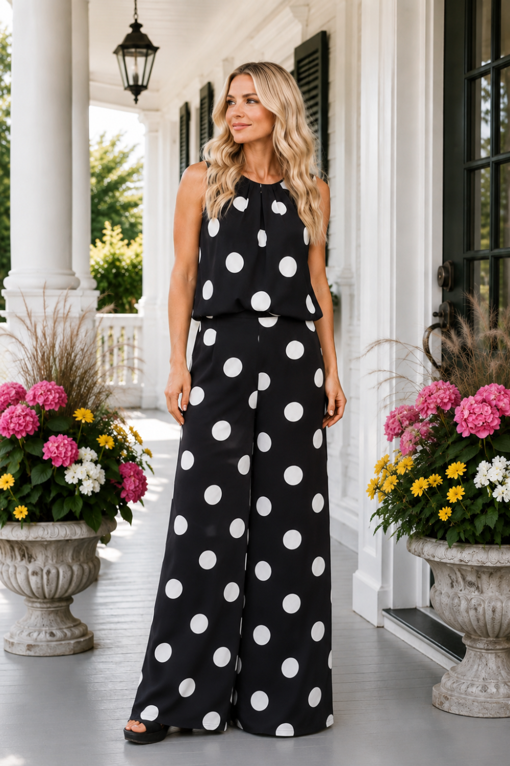 * Two-piece set
* Round neck
* Sleeveless
* Front pleats
* Keyhole closure
* Partial elastic waist
* Side zip
* Pocketed
* Wide leg
* No stretch