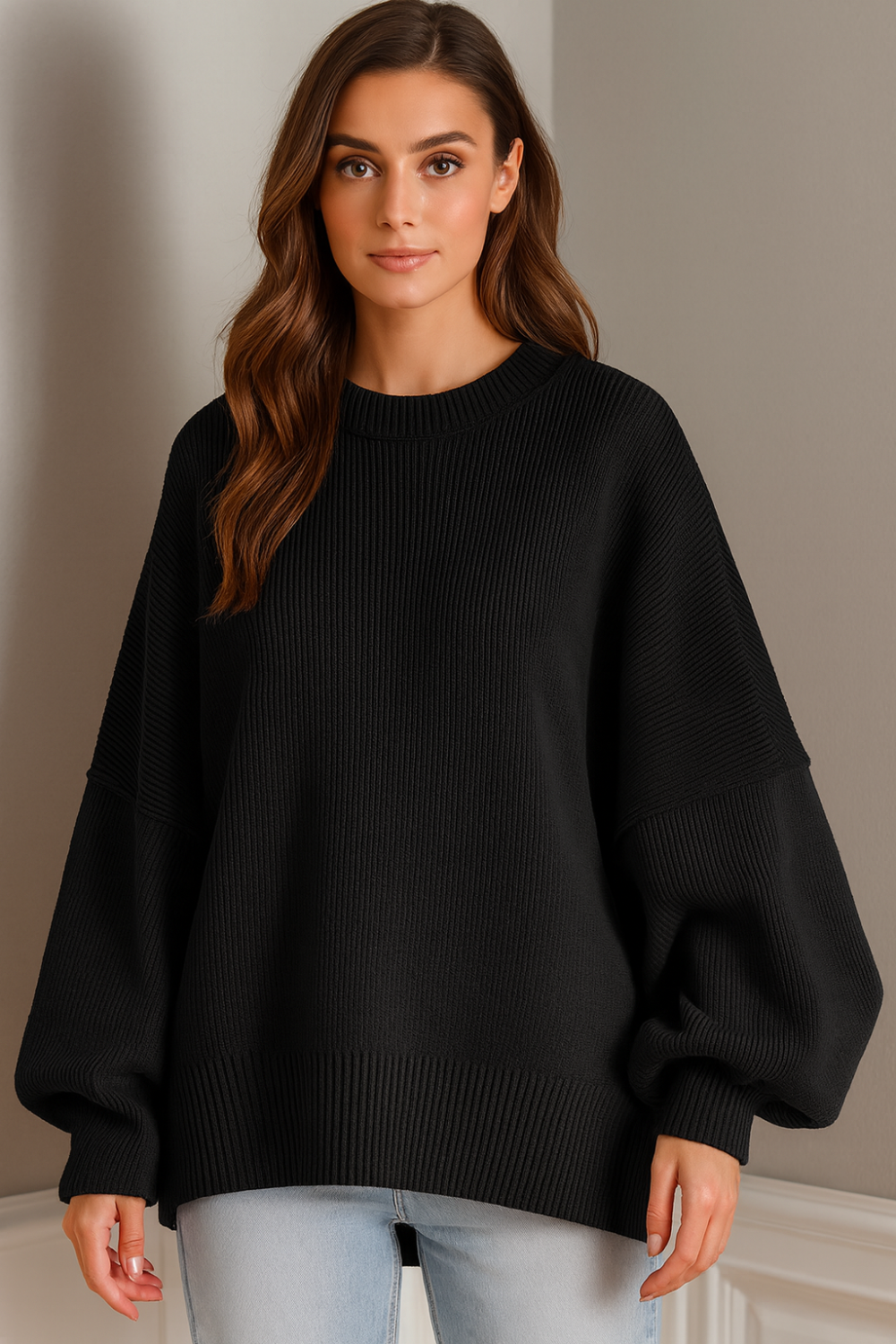 Sweater, oversized, drop shoulder, round neck, exposed seam, long, side slit, ribbed, stretchy front view
