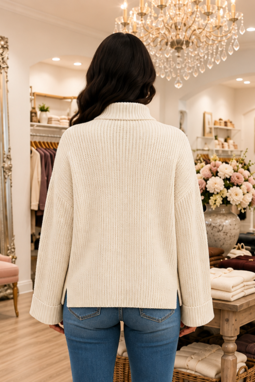 * Sweater
* Mock neck
* Drop shoulder
* Long sleeve
* Cuffed sleeves
* Ribbed
* Split hem
* Oversized
* Slightly stretchy