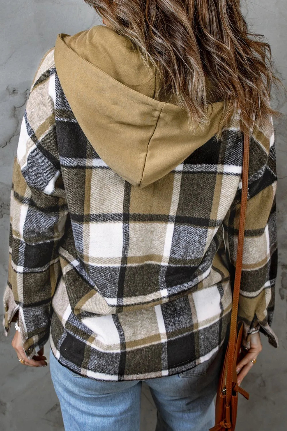 Plaid shacket, removable hood, drop shoulder, long sleeve, buttoned, pocketed, unlined, light weight, no stretch, back view