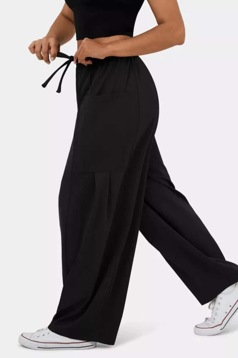 Pants, wide leg, drawstring waist, high-waist, pocketed, pleated at pockets, long, stretchy, side view