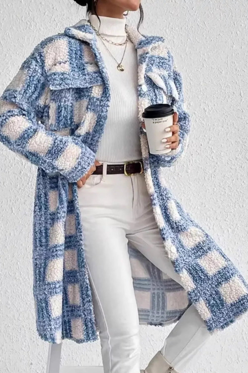 coat, fleece, unlined, buttoned, pocketed, scalloped hem, checkered, collared, some stretch, front view