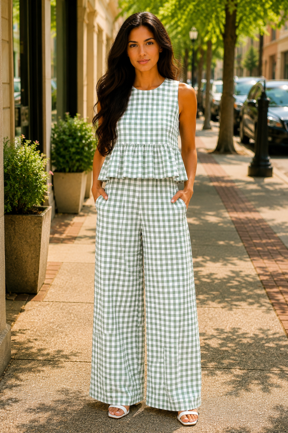 * Two-piece set
* Round neck
* Sleeveless
* Buttoned back closure
* Elastic waist
* Wide leg
* Ruffled
* No stretch