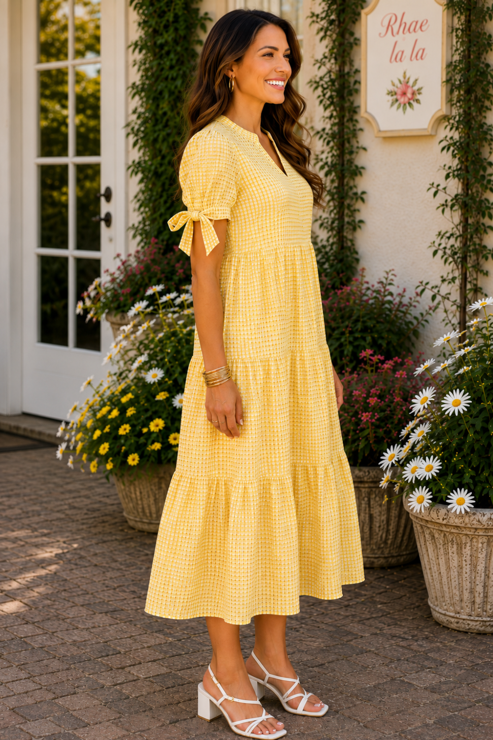* Midi length
* Split v-neck
* Short sleeve
* Bow ties
* Tiered
* Gingham pattern
* Textured
* Unlined
* No stretch