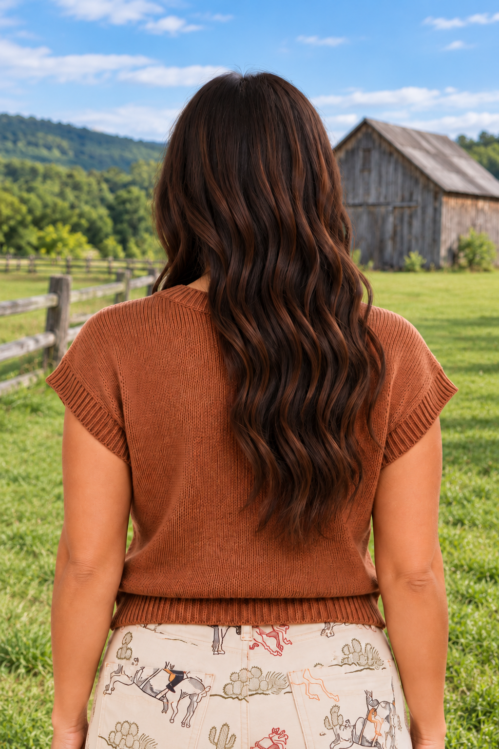 Back view of the Horseshoe Sweater in rust brown knit with a white horseshoe graphic, crew neckline, and ribbed cap sleeves.