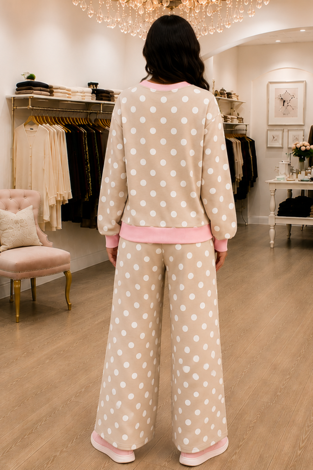 * Two-piece pant set
* Round neck
* Long sleeve
* Drop shoulder
* Contrast trim
* Oversized
* Elastic waist will stretch sizes
* Drawstring
* Pocketed
* Slightly stretchy