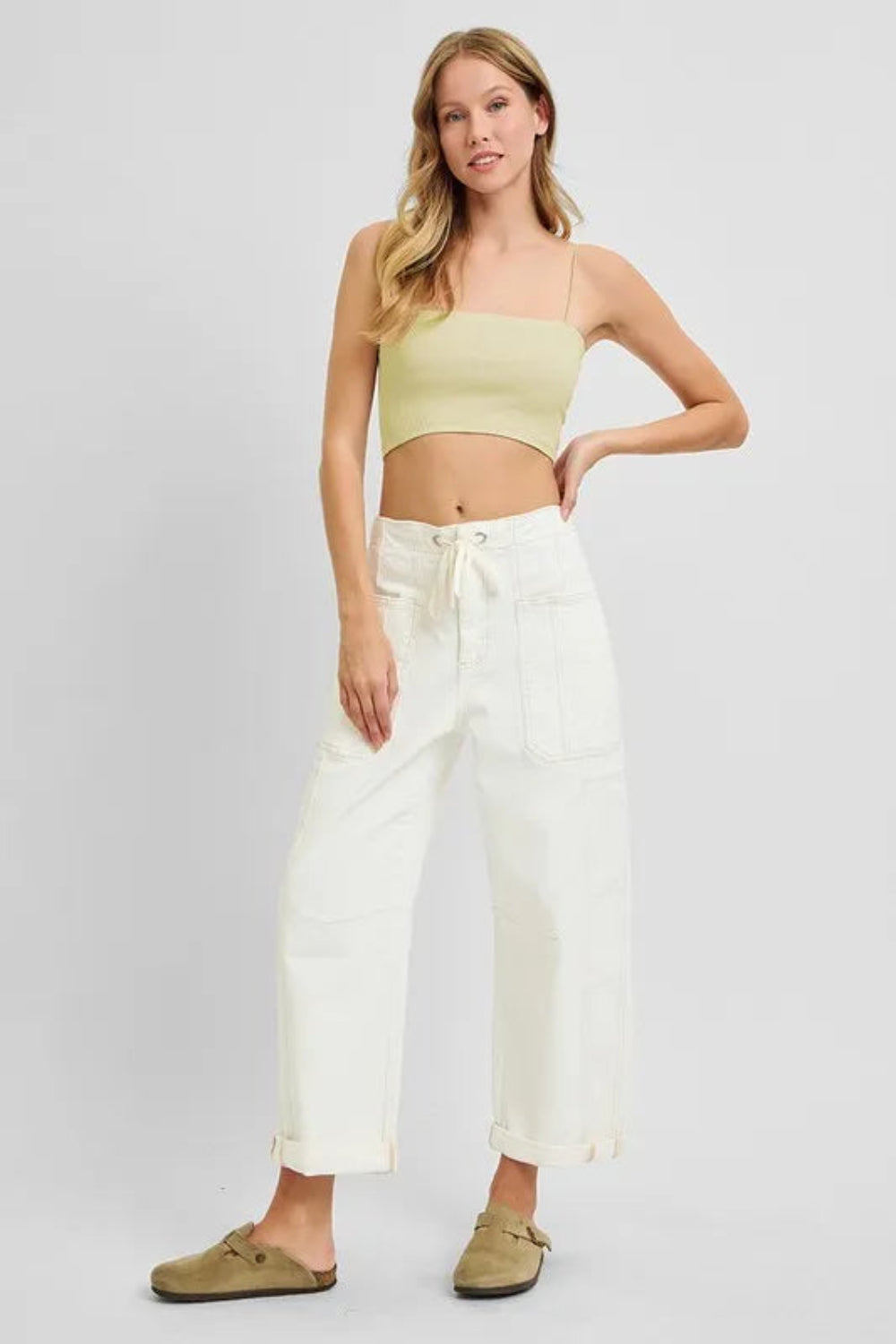 Risen Jeans, full size, high rise, cropped, wide leg, barrel leg, adjustable, drawstring tie, elastic waist, front patch pockets , back pockets, cuffed hem, washed, double side seam, stretchy, front view