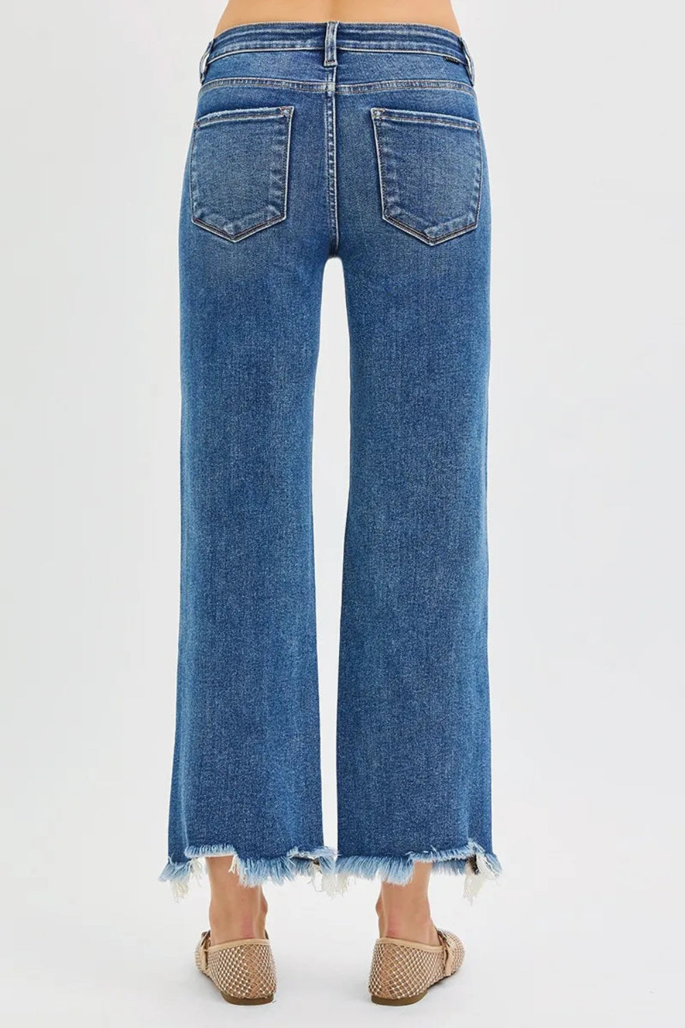 Risen Jeans, full size, mid rise, cropped, wide leg, 5-pocket styling, secure button and zipper closure, distressed hem, medium vintage wash, stretchy, back view