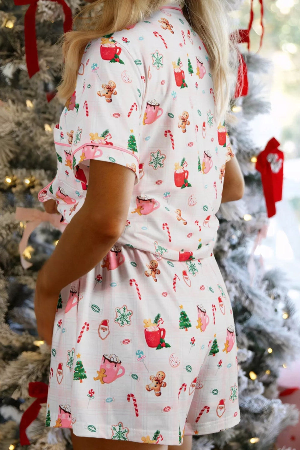 Two-piece lounge short pajama set, short sleeve, buttoned, contrast hem, collared, pocketed, drawstring, slightly stretchy, side/back view