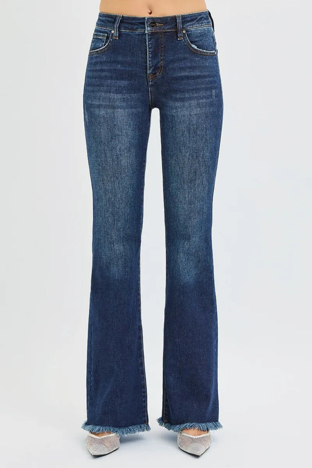 Risen jeans, full-size, high-rise, tummy control, flare, raw hem, distressed, 5-pocket detail, button-zipper closure, belt loop detail, dark vintage wash, slightly stretchy, front view