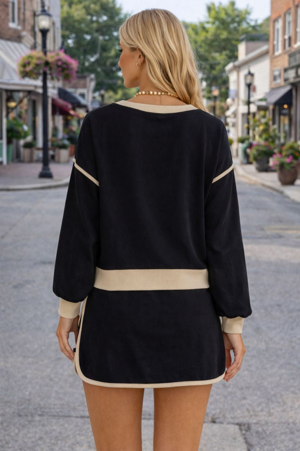 two-piece skort set, contrast trim, long sleeve, round neck, drop shoulder, ribbed, elastic waist, drawstring, pockets, slightly stretchy, back view