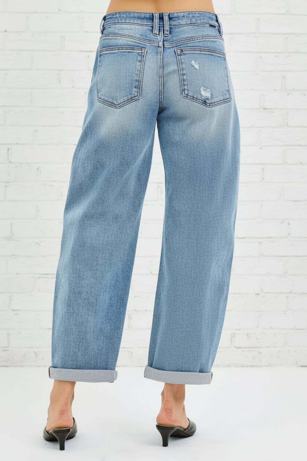 Risen Jeans, full-size, mid-rise, slouchy, ankle length, barrel, cuffed, distressed, belt loops, pocketed, button/zipper closure, medium wash, slightly stretchy, back view
