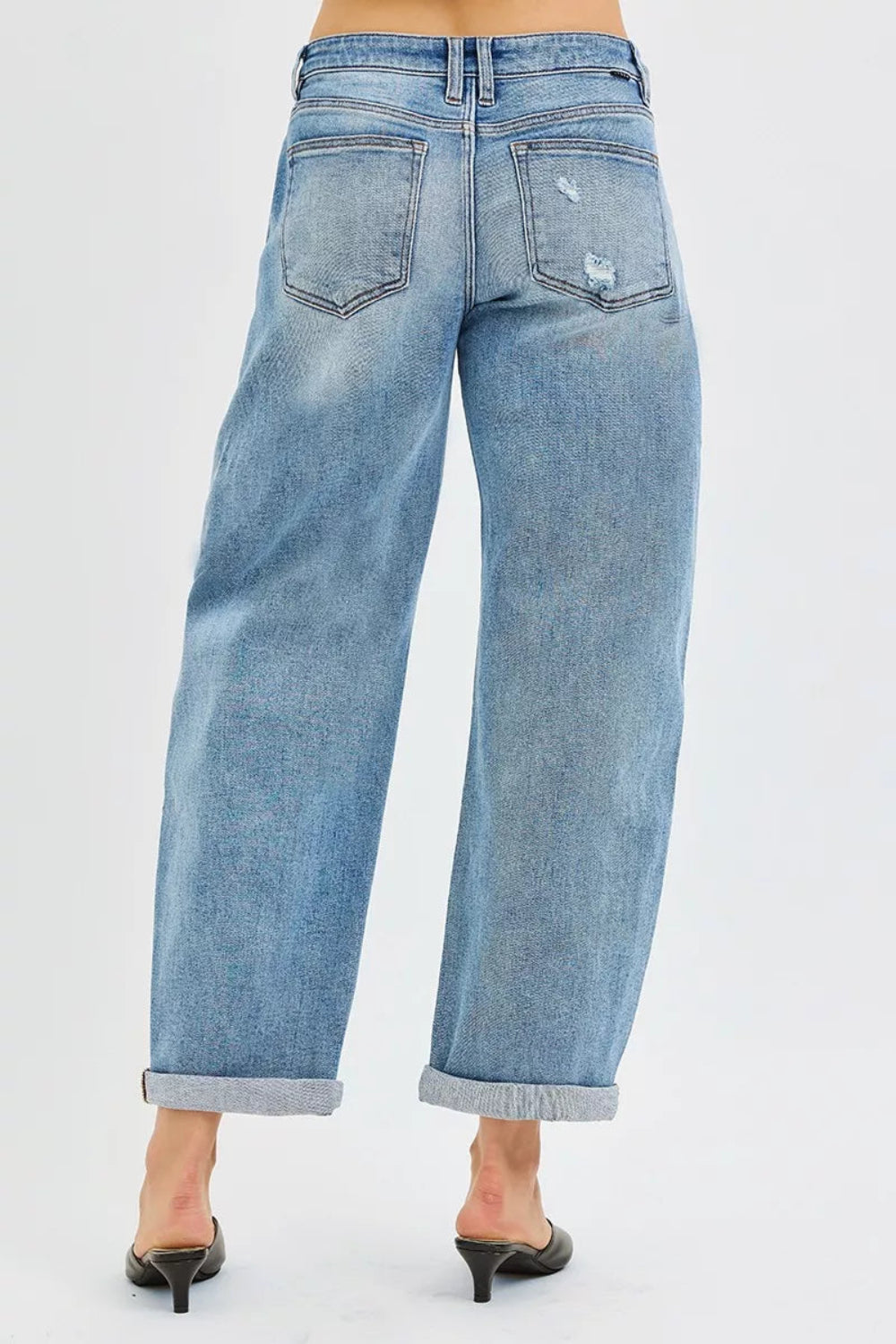 Risen Jeans, full-size, mid-rise, slouchy, ankle length, barrel, cuffed, distressed, belt loops, pocketed, button/zipper closure, medium wash, slightly stretchy, back view

