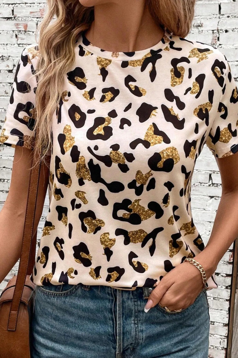 T-Shirt, Round Neck, Short Sleeve, Leopard Print, Medium Length, Slightly Stretchy Front View