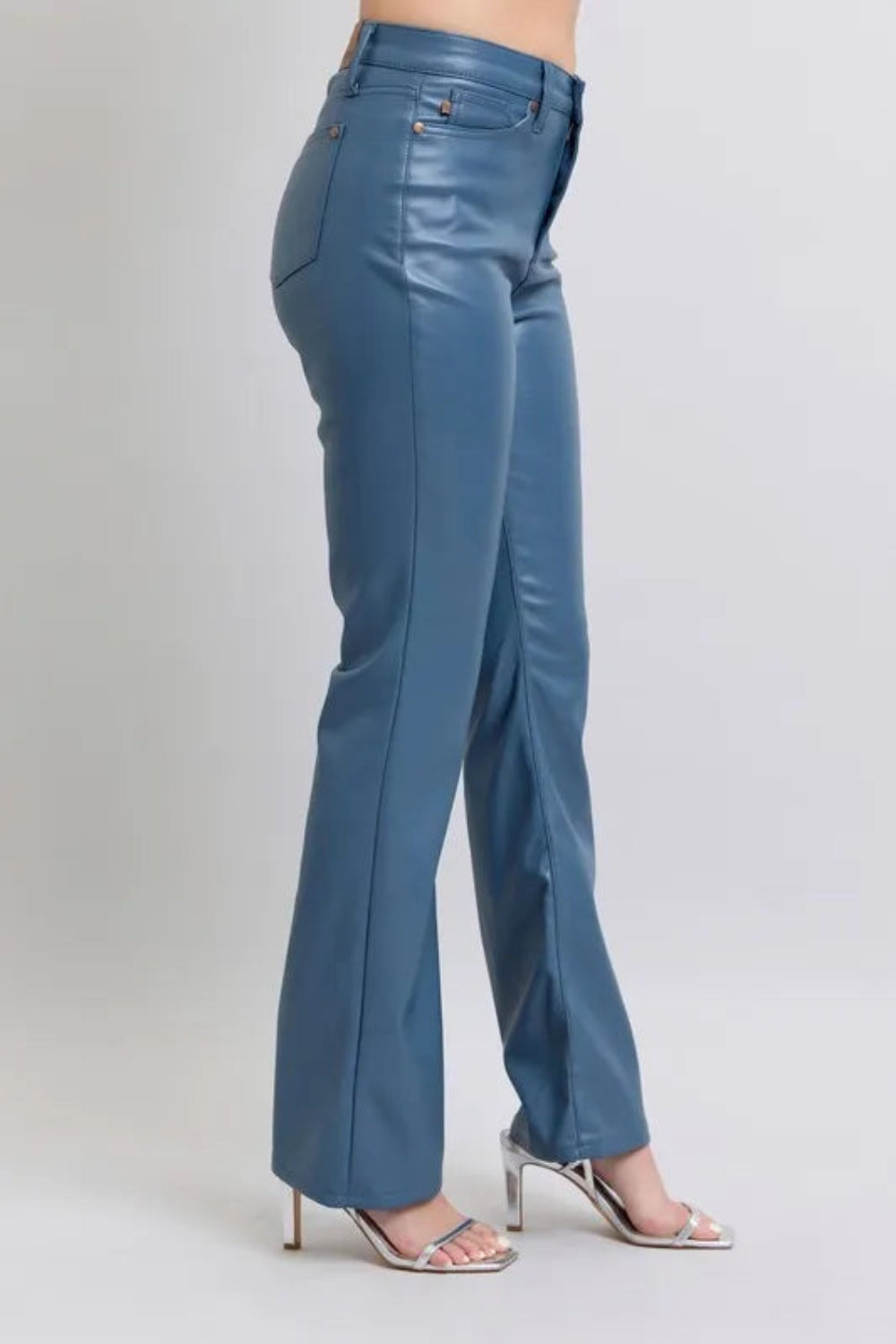 Judy Blue Pants, full-size, high-rise, tummy control, faux leather, straight leg, pocketed, brad detail, some stretch side view