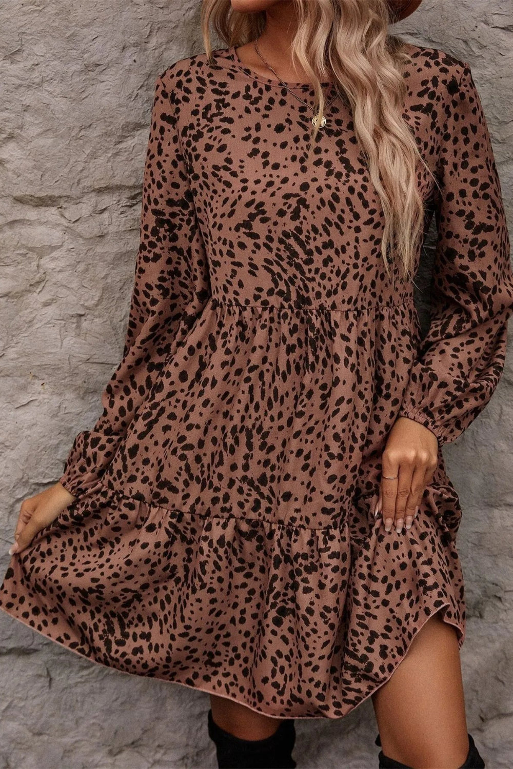 Mini dress, leopard print, long sleeve, ruffled, ruched, keyhole closure, unlined, no stretch, front view