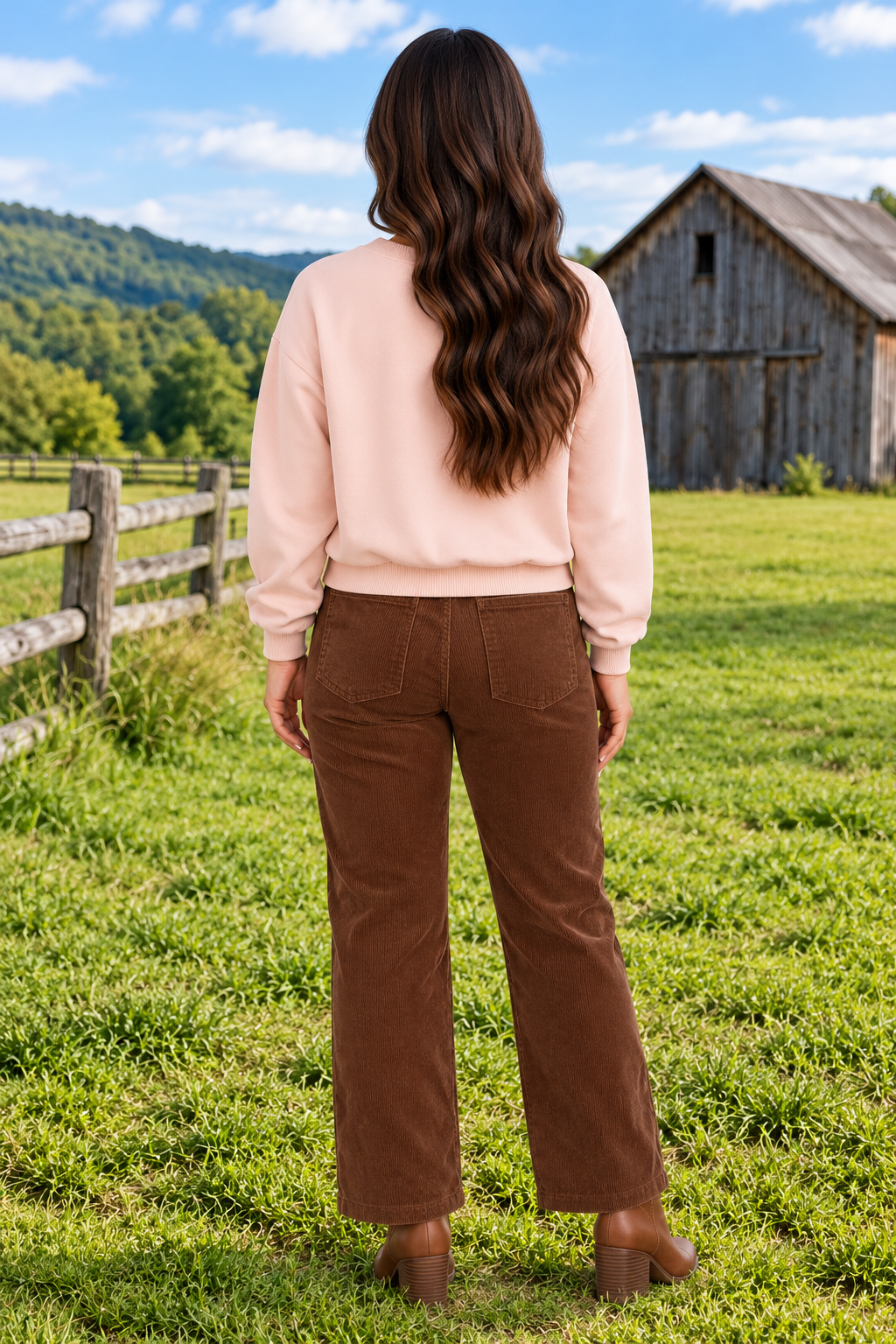 Back view of Ellis Pants with double button, zipper closure, belt loops, corduroy, pocketed, high-rise, structured waist, no stretch.