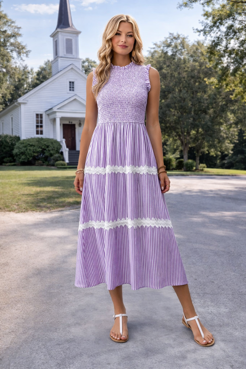 * Midi Dress
* Smocked
* Sleeveless
* Lace
* Tiered
* Unlined
* Round neck
* Stretchy
