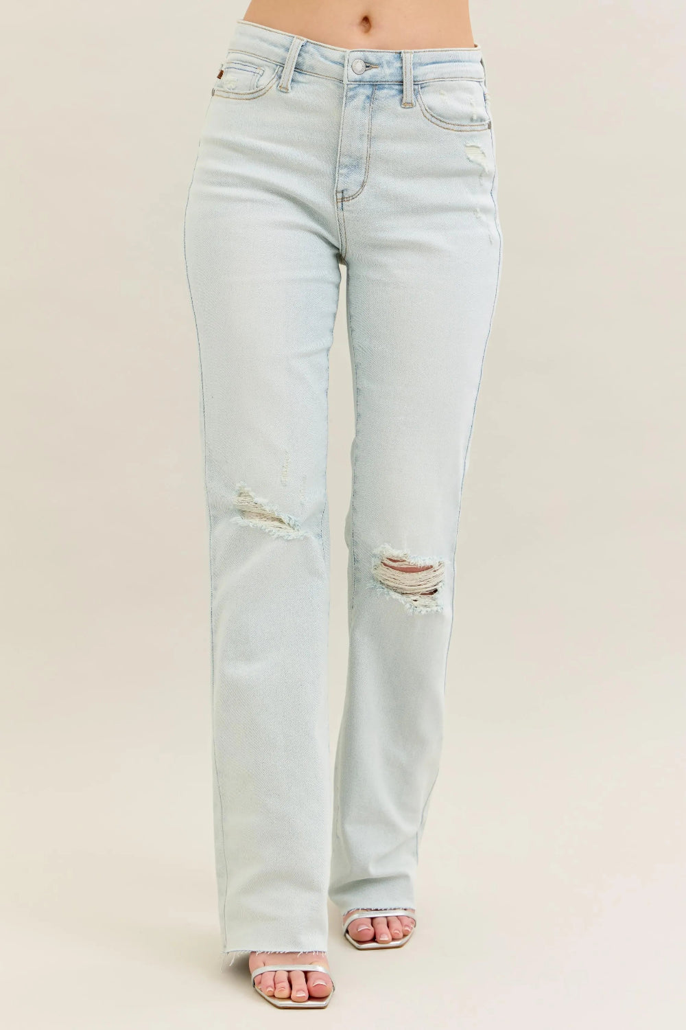 Judy Blue Jeans, Full Size, High-Rise, Destroyed, Raw Hem, Light wash, Button/Zipper Closure, Moderate Stretch, Bootcut Front View