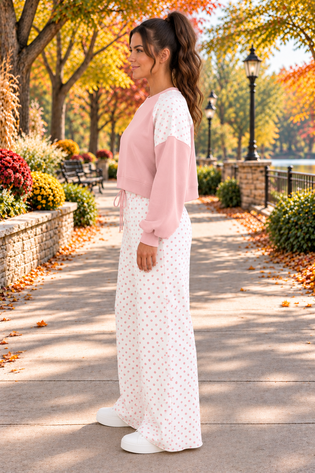 Social Club Pant Set with a light pink cropped sweatshirt, polka-dot shoulder panels, and matching wide-leg drawstring pants side view.