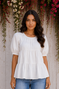 * Round neck
* Short puff sleeve
* Smocked
* Tiered
* Ruffled
* Keyhole closure
* No stretch