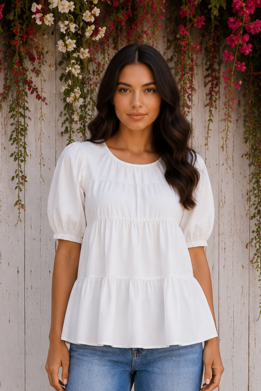 * Round neck
* Short puff sleeve
* Smocked
* Tiered
* Ruffled
* Keyhole closure
* No stretch