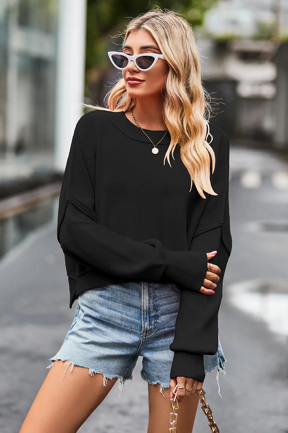 sweater, pullover, long sleeve, round neck, drop shoulder, exposed seams, batwing, ribbed, side slit, slightly stretchy, front view