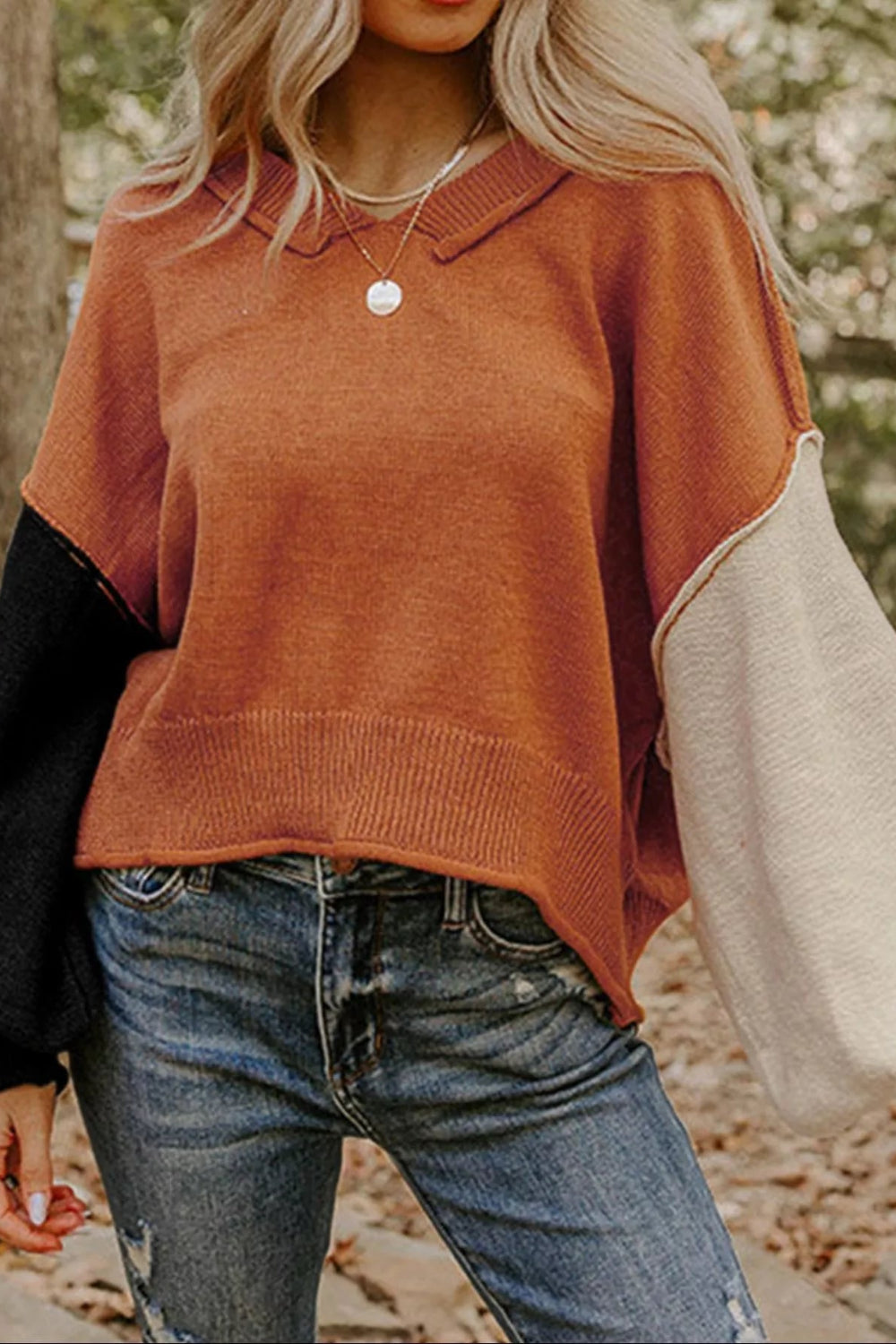 sweater, pullover, collared neck, long sleeve, drop shoulder, exposed seams, colorblock, balloon sleeves, ribbed collar, cuffs and hem, slightly stretchy, front view