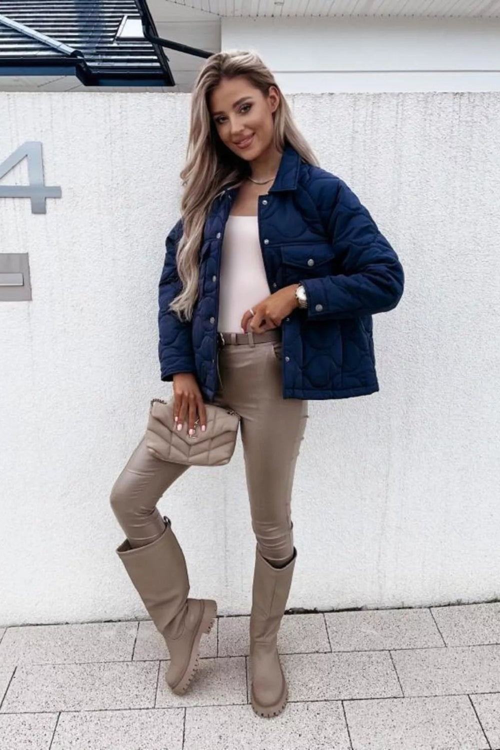 Jacket, quilted, snap-down, pocketed, collared, lined, long sleeve, snap cuffs, no stretch, front view