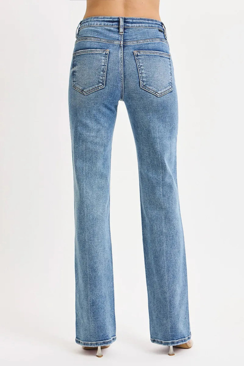 Risen jeans, full-size, high-rise, tummy control, straight leg, 5-pocket detail, button-zipper closure, belt loop detail, medium vintage wash, slightly stretchy, back view