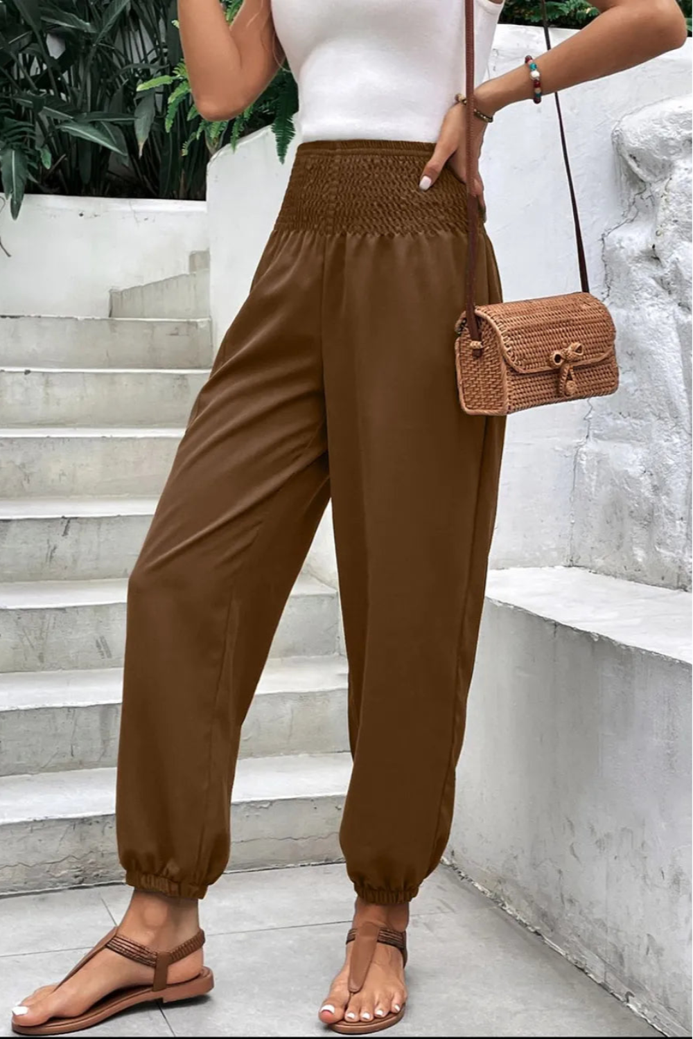 Joggers, high-waist, no drawstring, shirred, pocketed, opaque, slightly stretchy front view